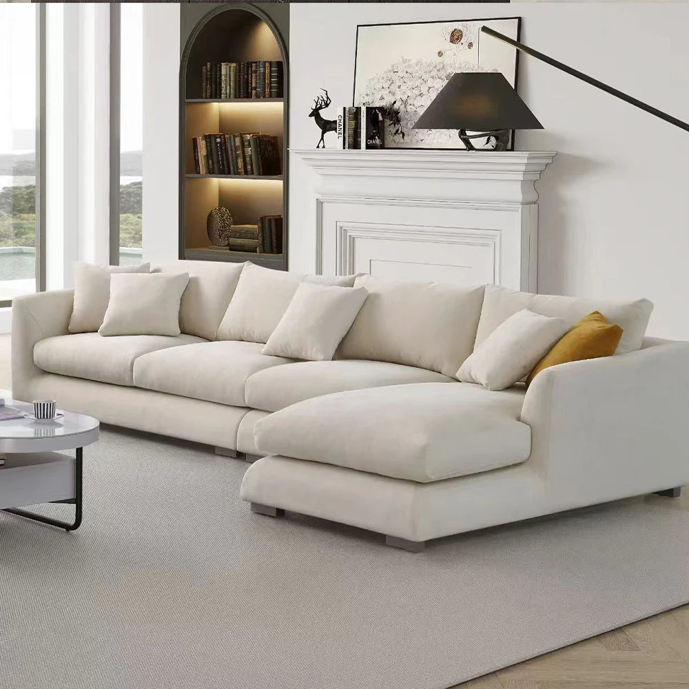 L-Shaped Cloud Down Chaise Sofa With Linen Upholstery And Removable Washable Covers — Ivory | KIMLUD