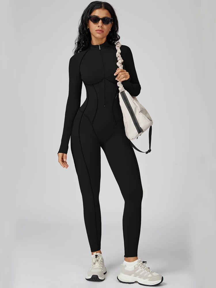 Women Running Romper – Built-In Bra Zip Front – Nylon One Piece | KIMLUD