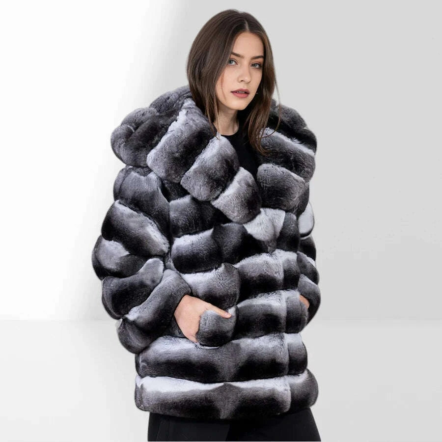KIMLUD, Women's Winter Jacket Real Rex Rabbit Fur Jacket With Hood Chinchilla Color Fur Coat High Quality Genuine Leather Jackets, KIMLUD Womens Clothes