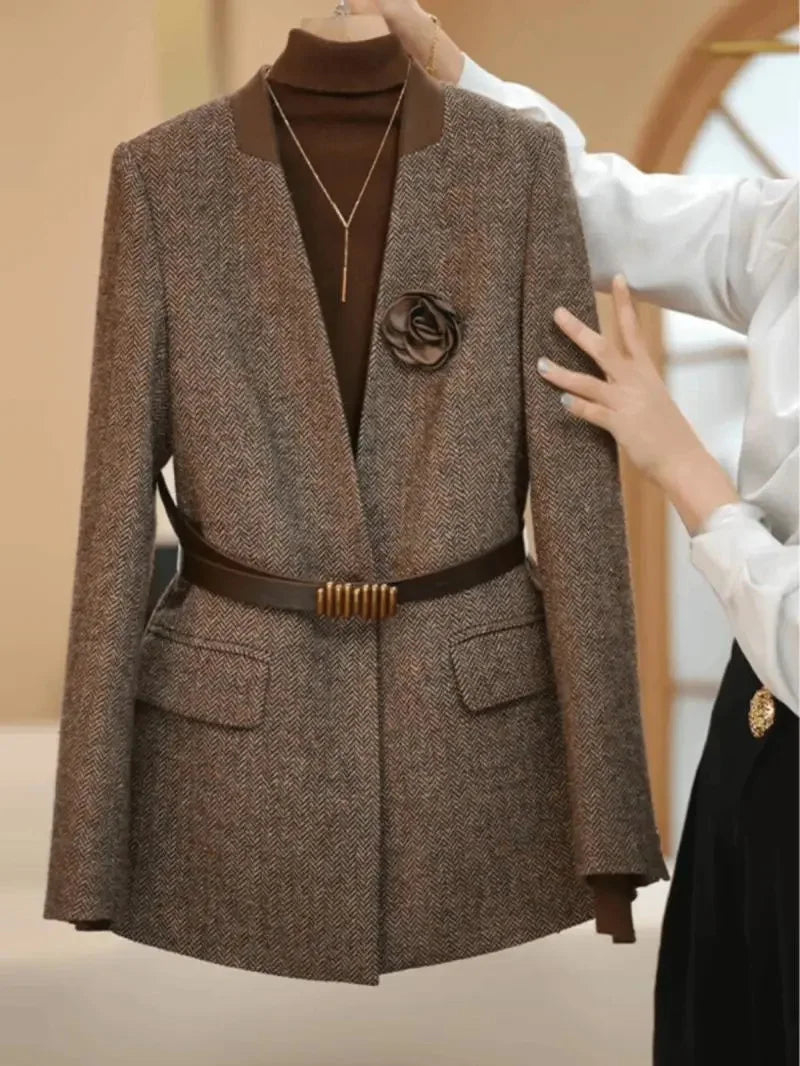 Plus Size 4XL High Quality Coffee colored Suit Jacket For Women Spring Outwear Fashion Simple Wool Coat Autumn Blazer With Belt