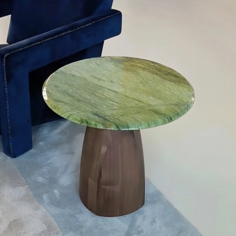 Marble-Look Round Coffee Table Solid-Wood Pedestal — Emerald Green | KIMLUD