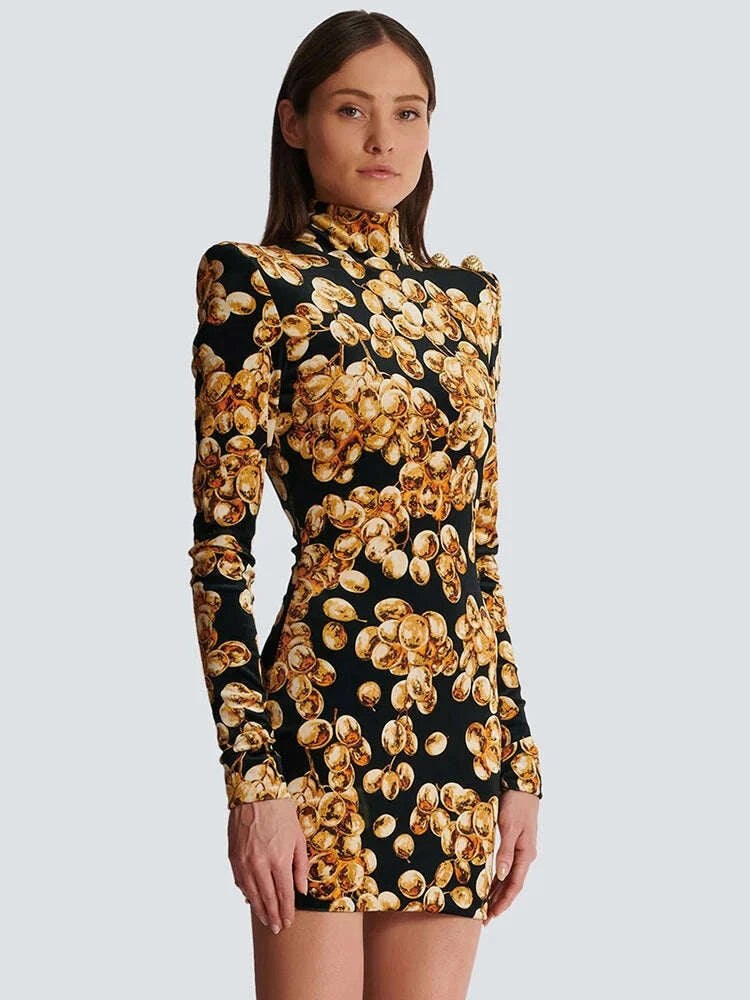 VC Grape Printed Gold Velvet Turtleneck Slim Mini Dress Women Button Design  Long Sleeves Celebrity Cocktail Club Party Dress