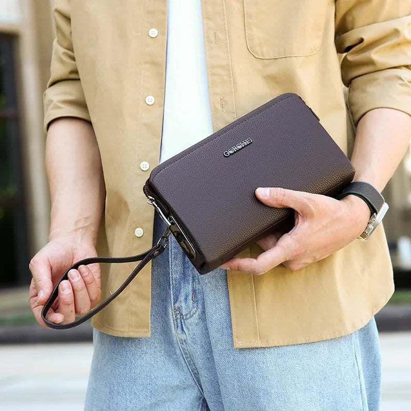 Leather Wallet Clutch Fingerprint Lock — Black | KIMLUD