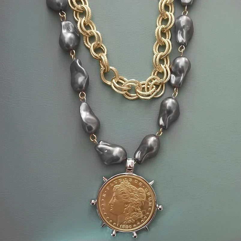 Choker Necklace - Coin Charm Pendant - Cubic Zirconia - Grey | KIMLUD