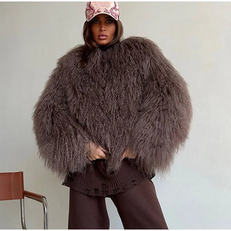 Casual Creamy-white Thick Faux Fur Short Coat Women Long Sleeve Turn Down Collar Warm Soft Jacket Female Winter Daily Outerwear