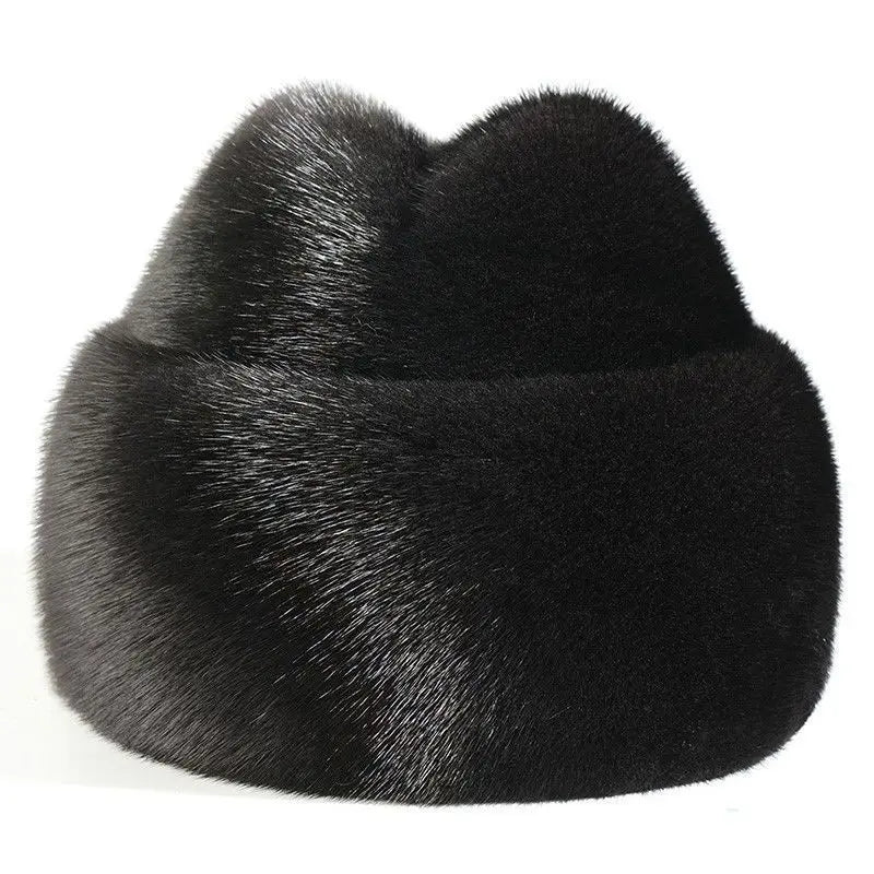 Mink Fur Winter Hat — Top-Hat Crown Silhouette — Deep Black | KIMLUD