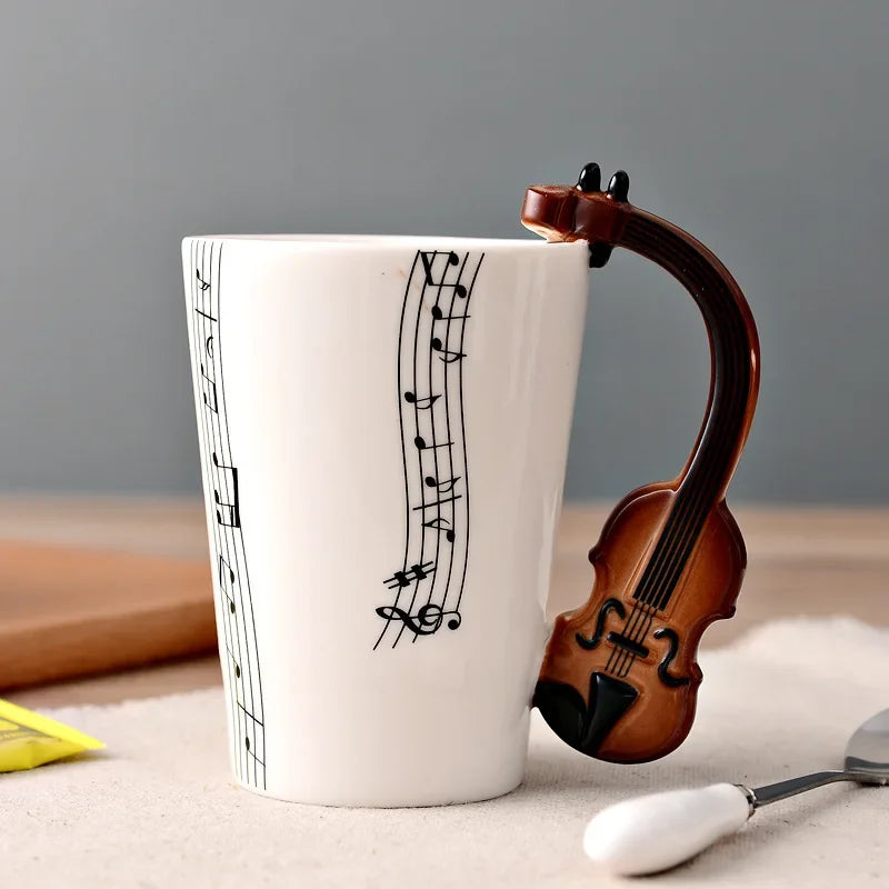 Bone China Mug With Music Note Motif And Delicate Guitar Handle — White | KIMLUD
