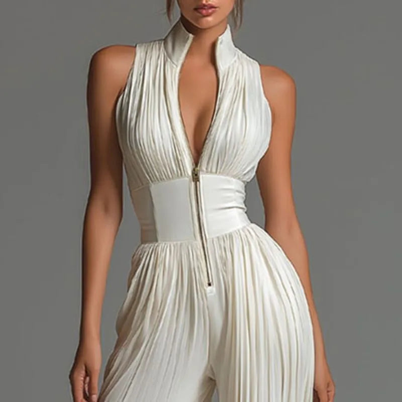 Chiffon Sleeveless Jumpsuit High Waist Pleated Wide Leg Solid — Ivory | KIMLUD