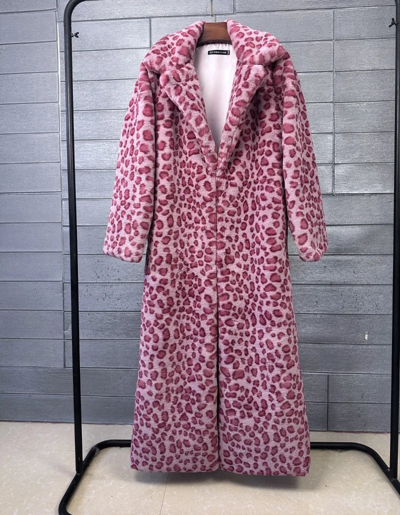 Fur Coat – Faux Rabbit Hair – Leopard Print Overcoat X-Long | KIMLUD