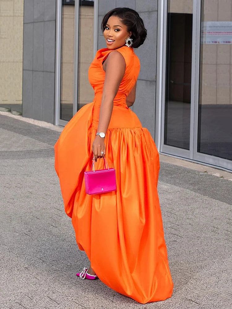 Polyester Cinch Waist Cocktail Maxi Dress — Orange | KIMLUD