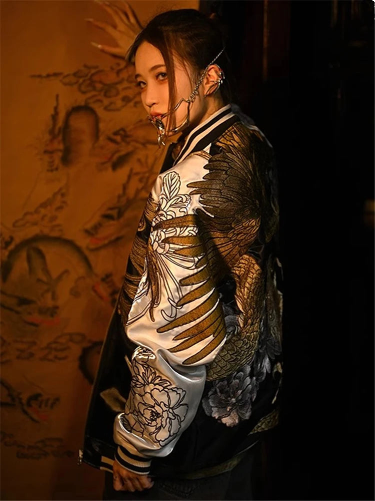 Polyester Sukajan Jacket Hand-Painted Dragon, Phoenix And Peony Embroidery Across Chest — Black | KIMLUD