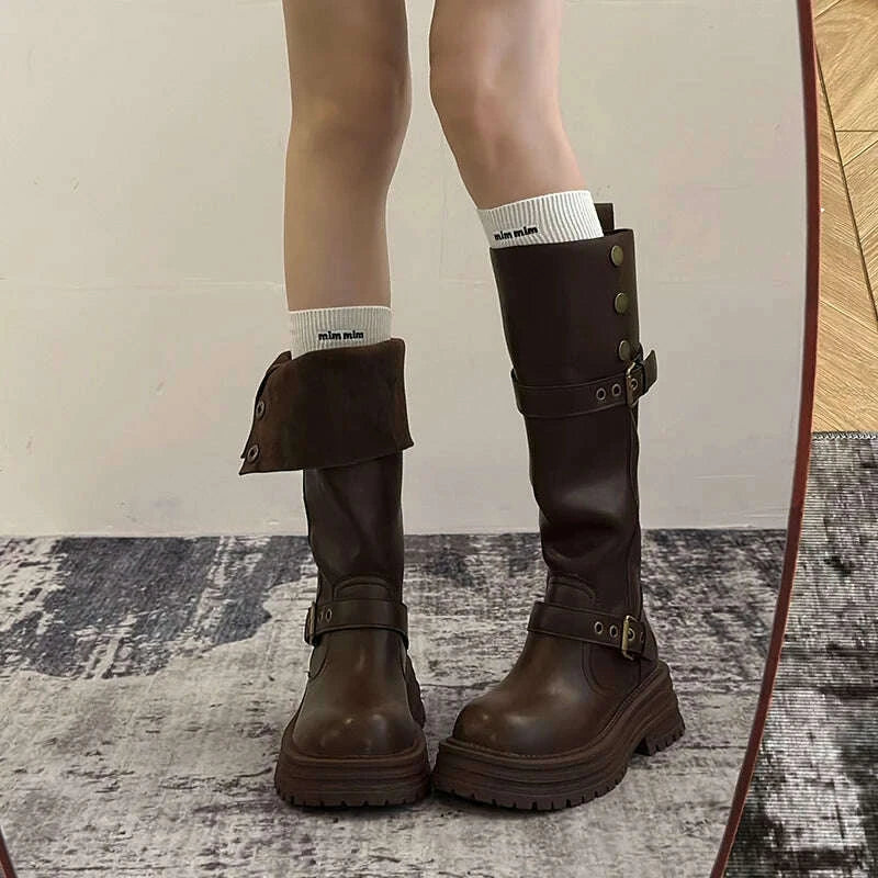 KIMLUD, Winter Vintage Platform Thick Sole Woman Knight High Boots Concise Belt Buckle Front zipper Shoes Ladies Slim Modern Long Botas, KIMLUD Womens Clothes