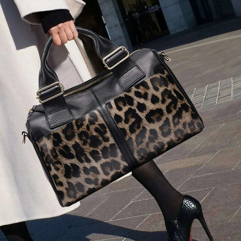 KIMLUD, Aidrani Fashion Leopard Pattern Genuine Leather Women's Bag Large Capacity Women's Handbag Cowhide Multi functional Shoulder Bag, KIMLUD Womens Clothes