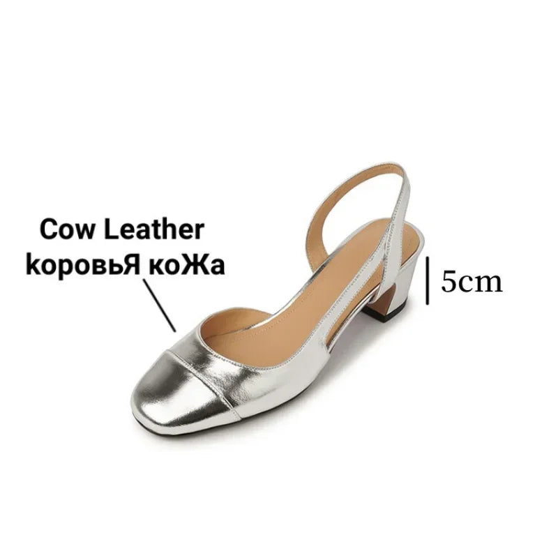 2025 Summer Genuine Leather Sandals for Women Silver Nude Medium Heels Summer Shoe Two-Tone Block Heeled Pumps Lady Office Party
