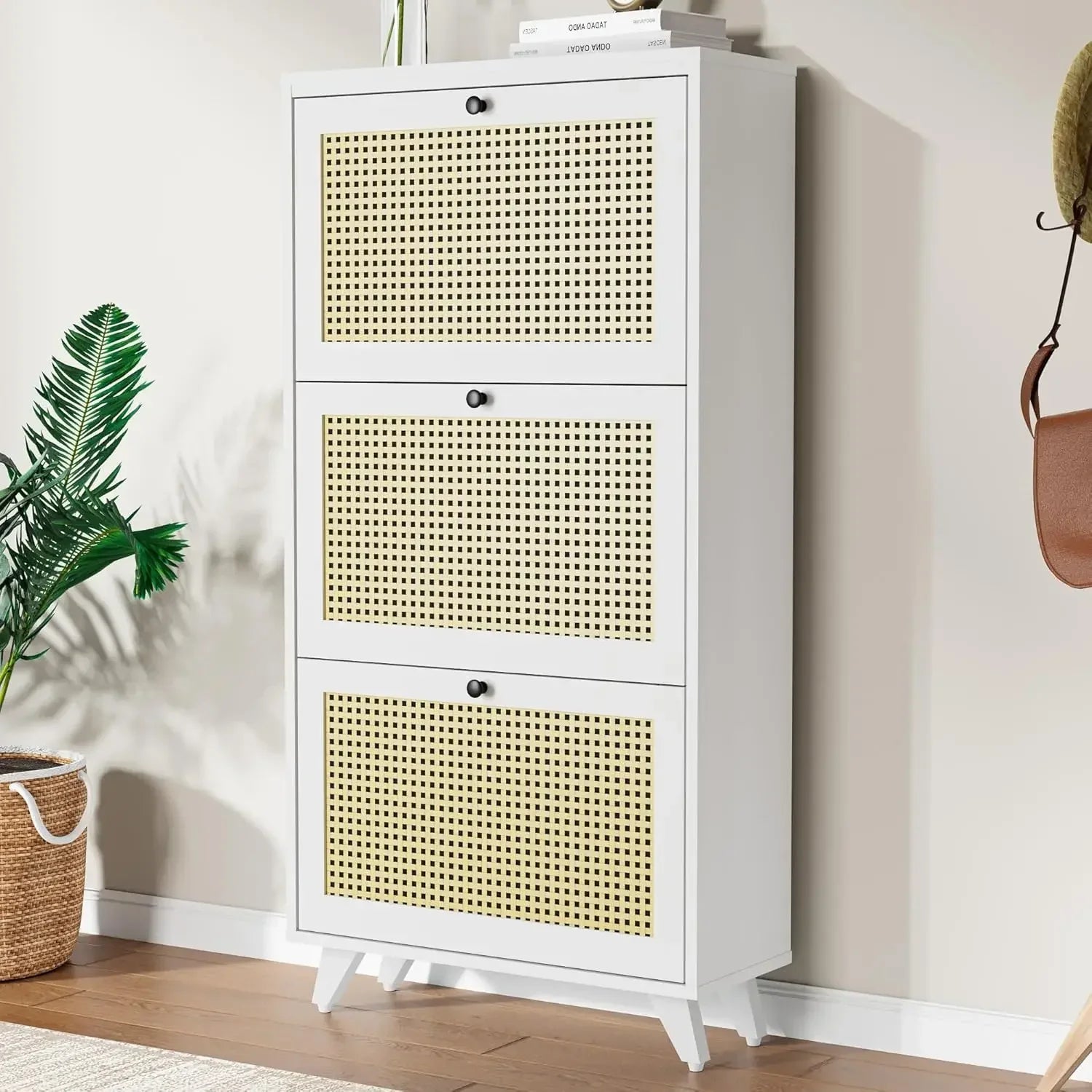 A Adjustable Shelves Slim Natural Rattan Wood Freestanding Shoe Rack Storage Organizer Shoe Cabinet