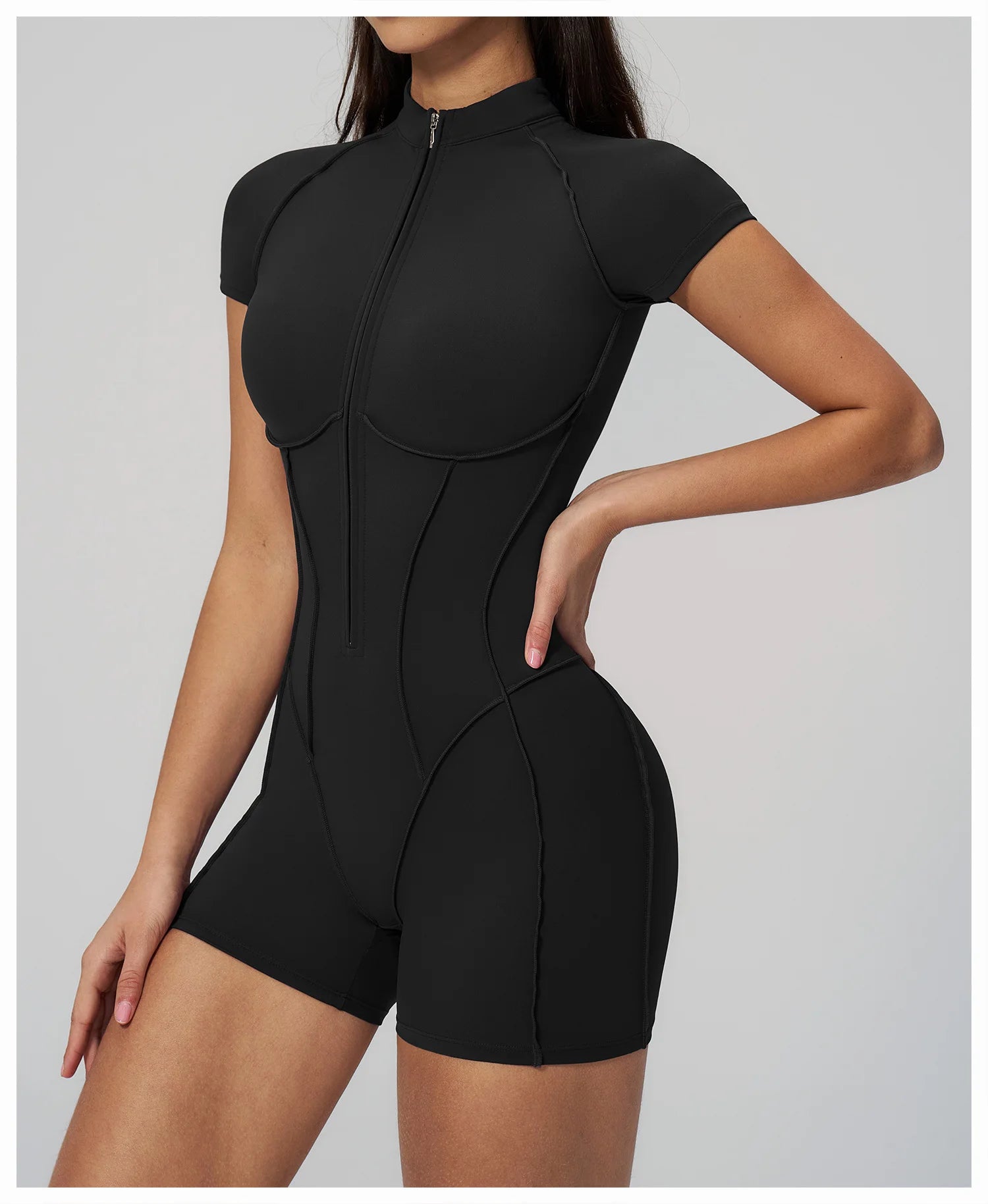 Performance Stretch Jersey Zippered Yoga Bodysuit Short Sleeves For Studio To Street — Red | KIMLUD