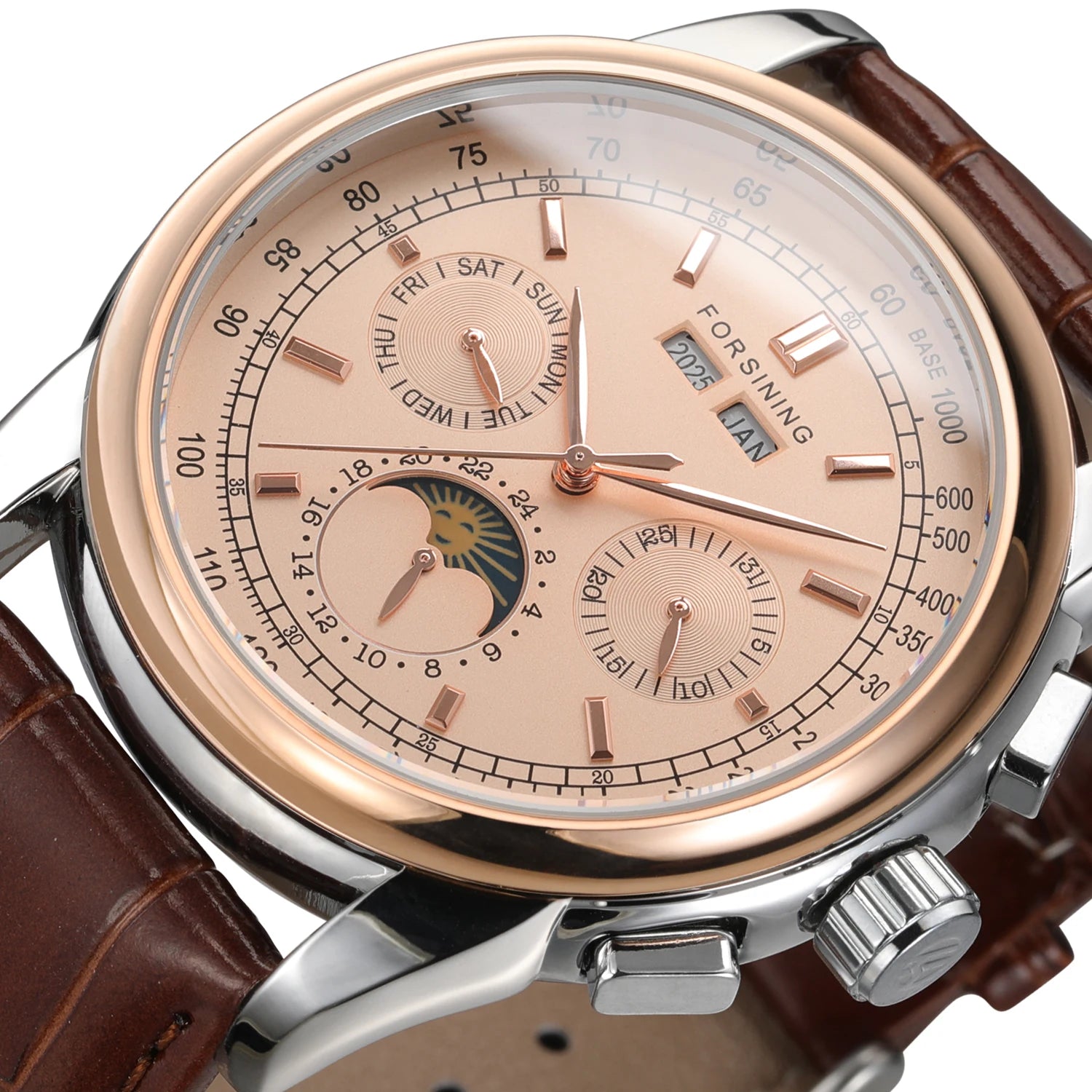 Leather Moon Phase Automatic Watch — Rose Gold | KIMLUD