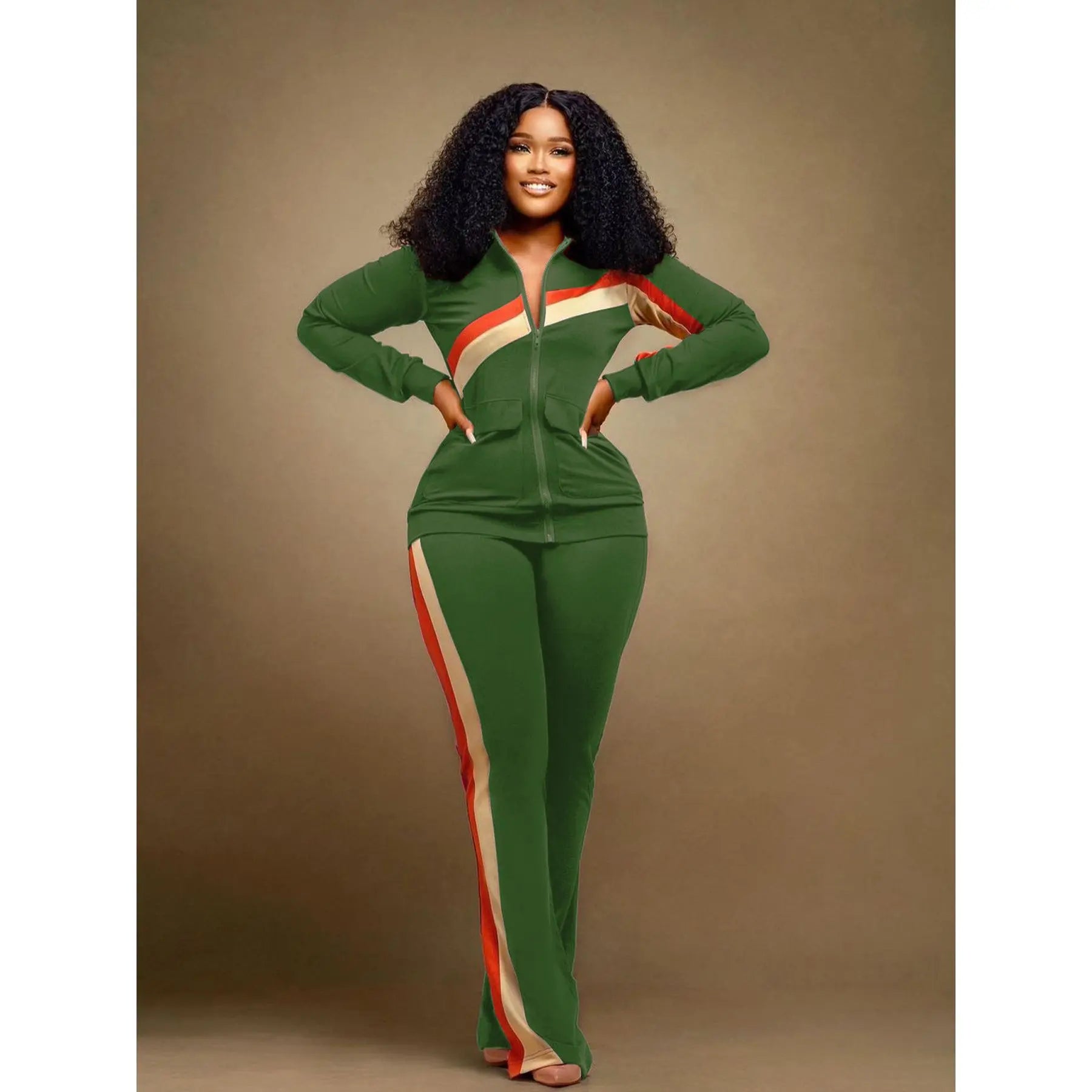 Casual Spor Women's Faion Set TW52 Long Sve Polyester Pants Striped Patchwork Independent Station Cross-Border