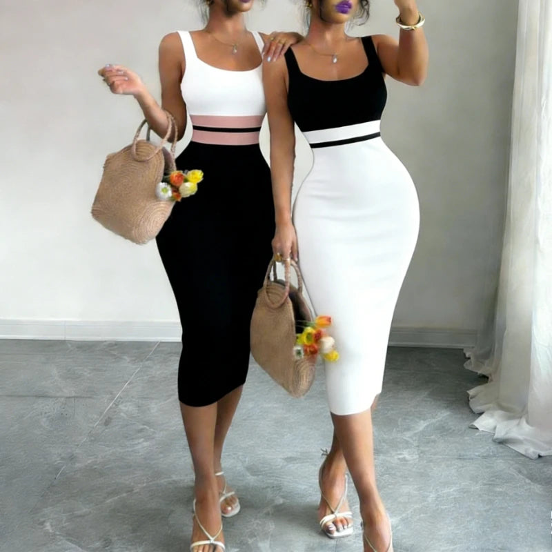 Knit Midi Dress Patchwork Square Neck — White and Black | KIMLUD
