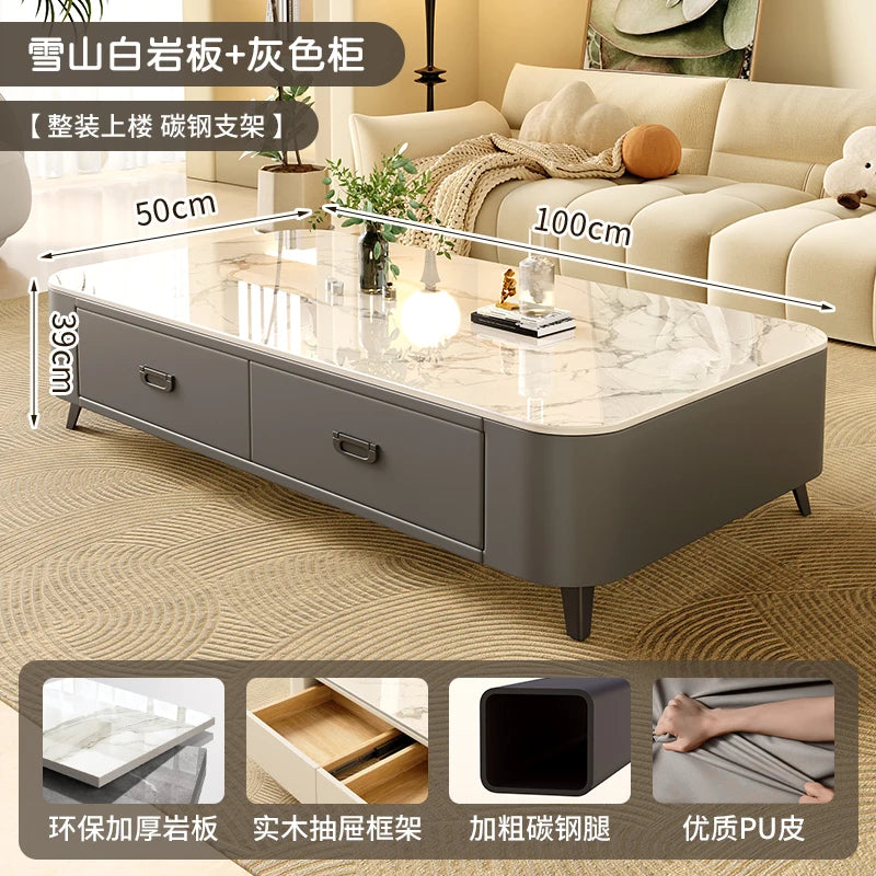 Rock-Slab Coffee Table With Wooden Frame — White | KIMLUD