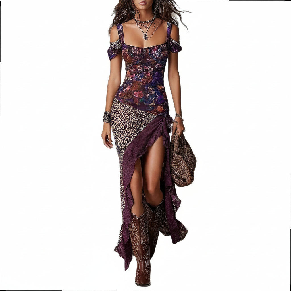 Woman wearing a patterned dress with cowboy boots on a white background