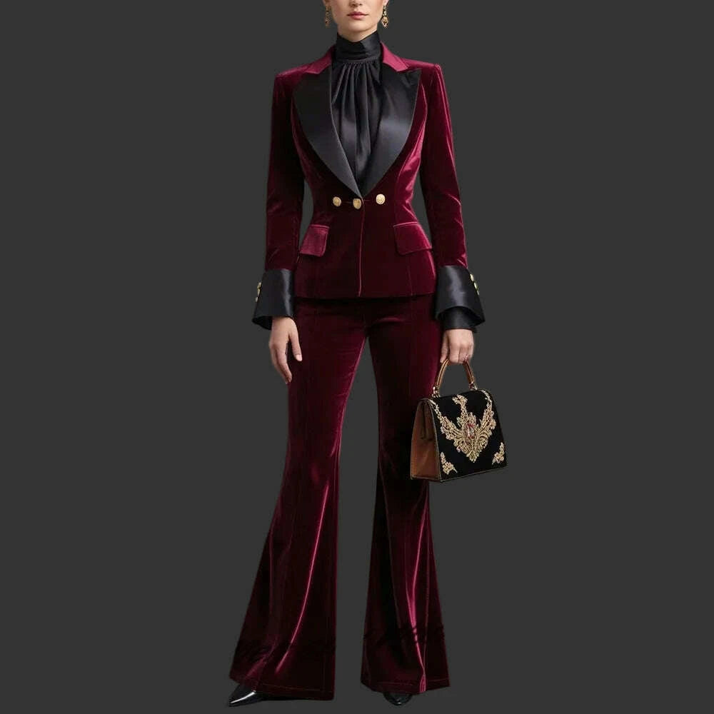 Luxury Velvet Women's Burgundy Suits Three Buttons 2-Piece Set Vintage Satin Peaked Lapel Blazer Flared Pants Evening Outfit