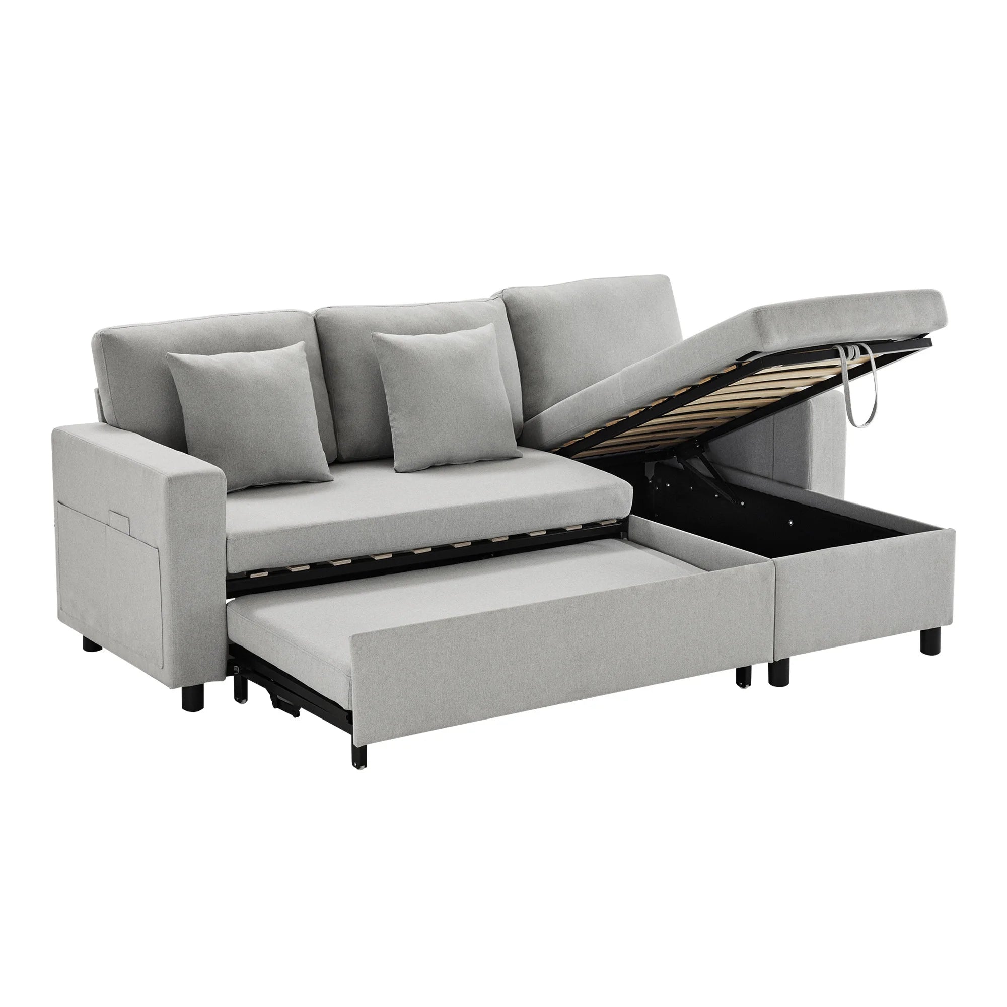 PINGGO L-Shape Sofa Bed with Sleeping Function, Convertible Armchair with Storage & Pocket Storage, Left Right Interchangeable