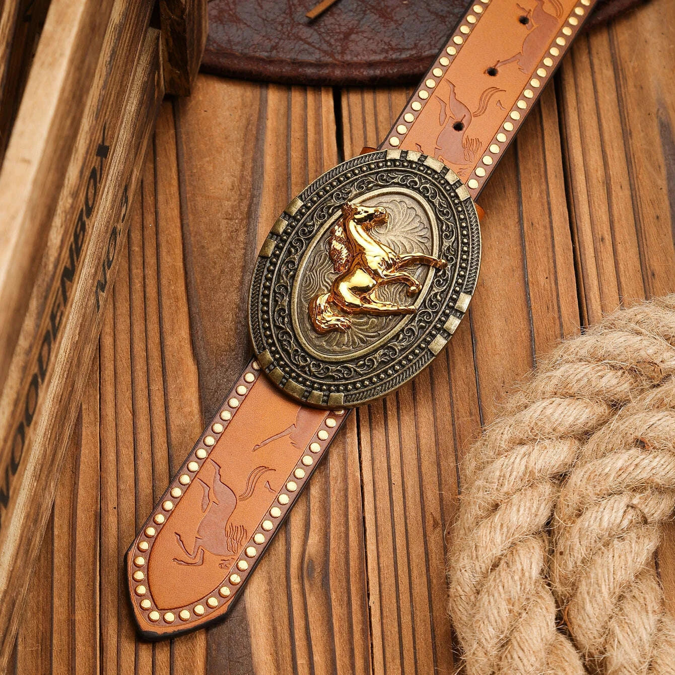 KIMLUD, A Western-buckle PU belt suitable for both men and women, a unique and retro brown belt (with perforated nails included), KIMLUD Womens Clothes