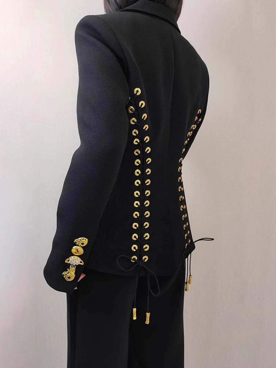 TWOTWINSTYLE Solid Spliced Lace Up Slimming Jackets For Women Lapel Long Sleeve Tunic Temperament Patchwork Button Coat Female