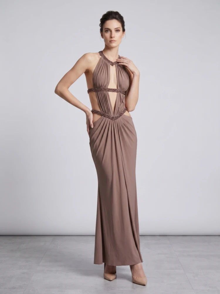 Halter Neck Long Dress – Slim Cutout Backless – Polyester – Brown | KIMLUD