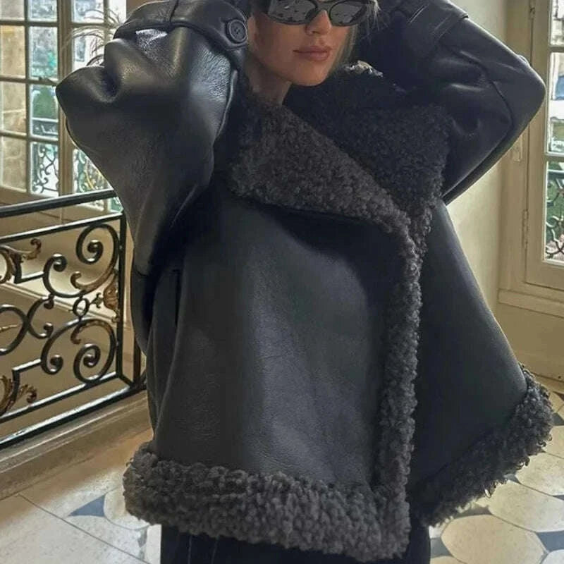 KIMLUD, Faux Fur Leather Long Jacket Women Lapel Long Sleeve Belt Thicken Female Coats Winter Fashion Street Patchwork Lady Outwear, KIMLUD Womens Clothes