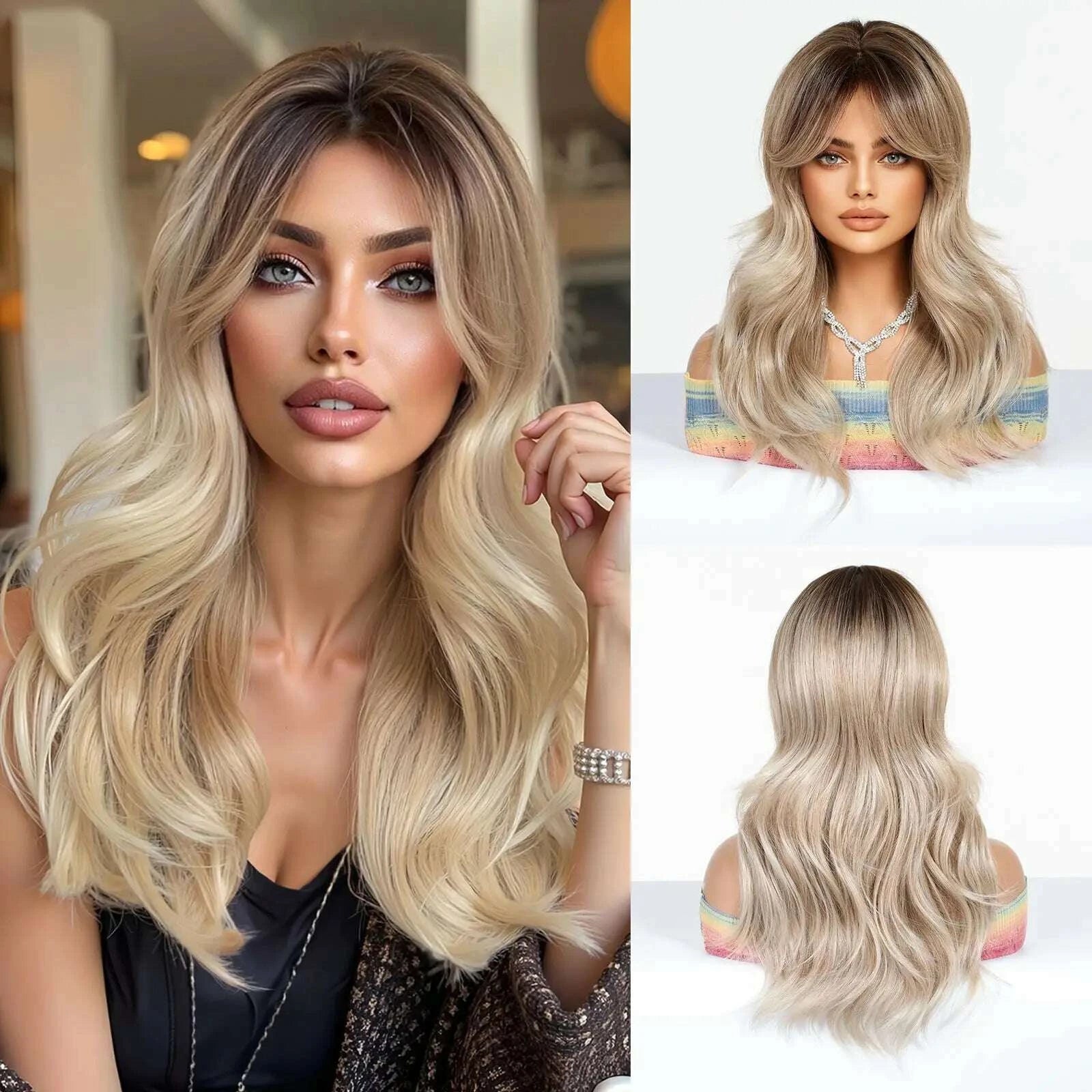 KIMLUD, Golden Blonde Mixed Synthetic Wig Dark Root Wavy Hair With Side Bangs for Women Daily Party Cosplay wig Heat Resistant Fiber, KIMLUD Womens Clothes