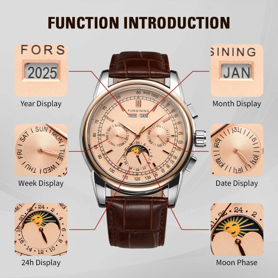 Leather Moon Phase Automatic Watch — Rose Gold | KIMLUD