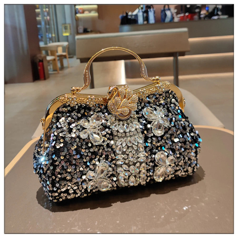 Leather Crystal Sequin Buckle Handbag — Black | KIMLUD