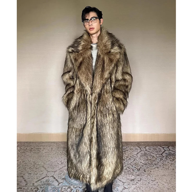 Men's Fur Coat – Lapel Long Overcoat – Wolf Fur And Fox Fur | KIMLUD