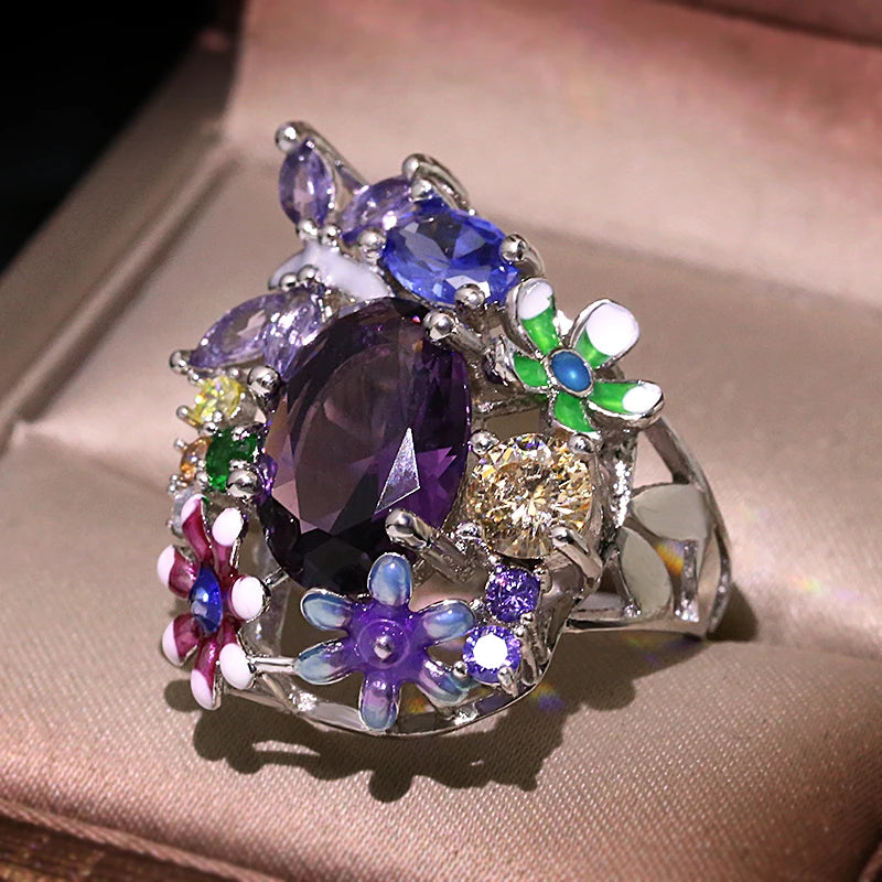 Milangirl Multicolor Purple Flower Waterdrop Crystal Zircon Rings for Women Female Wedding Engagement Bridal Banquet Jewelry
