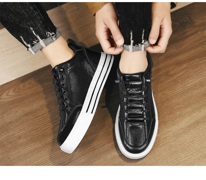 HKDQ Trend Leather Casual Shoes Men Fashion Leisure Slip-on Men's Shoes Original Design Elastic Comfortable Men Skateboard Shoes