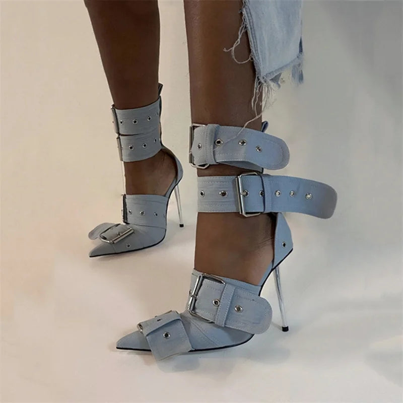 New Women's Denim Metal Rivet Buckle Sandals Women's Sexy Punk Style Pointed Hollow Metal 11cm High Heel Knee High Boots Size43