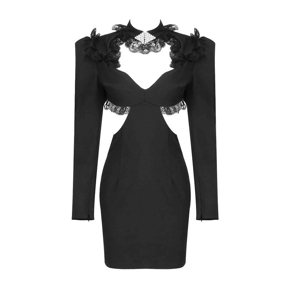 KIMLUD, VC Elegant Dresses For Women Dinner Party Wear Long Sleeve Waist Cut Out Patchwork Lace Black V Neck Mini Dress Gown, KIMLUD Womens Clothes