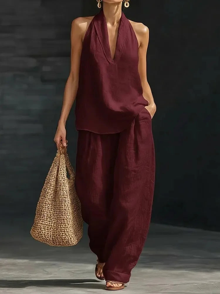Two Piece Set – Sleeveless V Neck Top and Wide Leg Pants – Broadcloth | KIMLUD