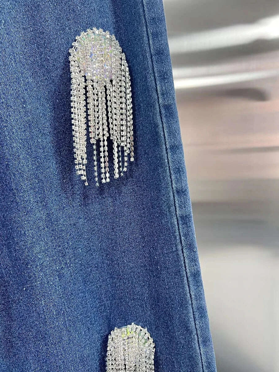 KIMLUD, TWOTWINSTYLE Solid Patchwork Tassel Chic Denim Pants For Women High Waist Spliced Button Wide Leg Straight Pants Female Fashion, KIMLUD Womens Clothes