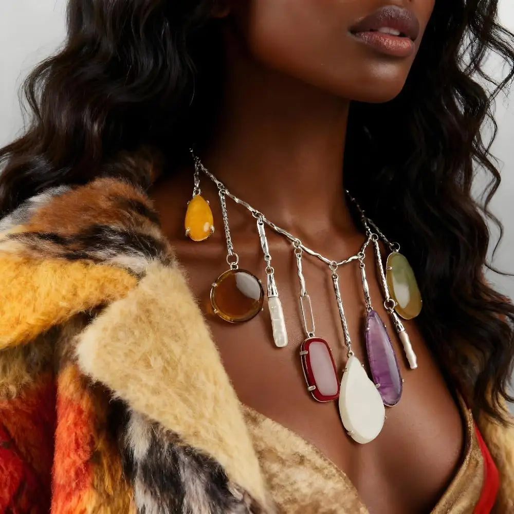 Boho Irregular Pendant Necklace With Freshwater Pearls And Link Chain In Bohemian Craftsmanship — Ivory | KIMLUD