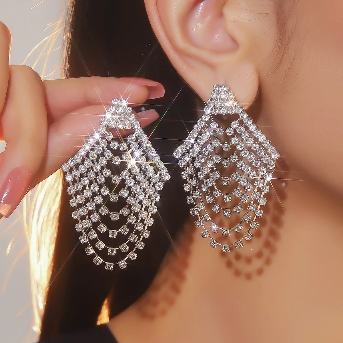 Silver Rhinestones Earrings for Women Sparkly Long Linear Dangle Earrings Dangle Tassels Statement Earrings Bridal Wedding