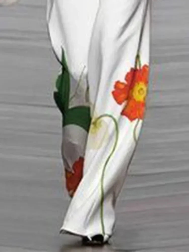 Modigirl Vintage Floral Printed Suits For Women Sleeveless High Neck Vest Tops & High Waisted Loose Straight Female Leg Pants