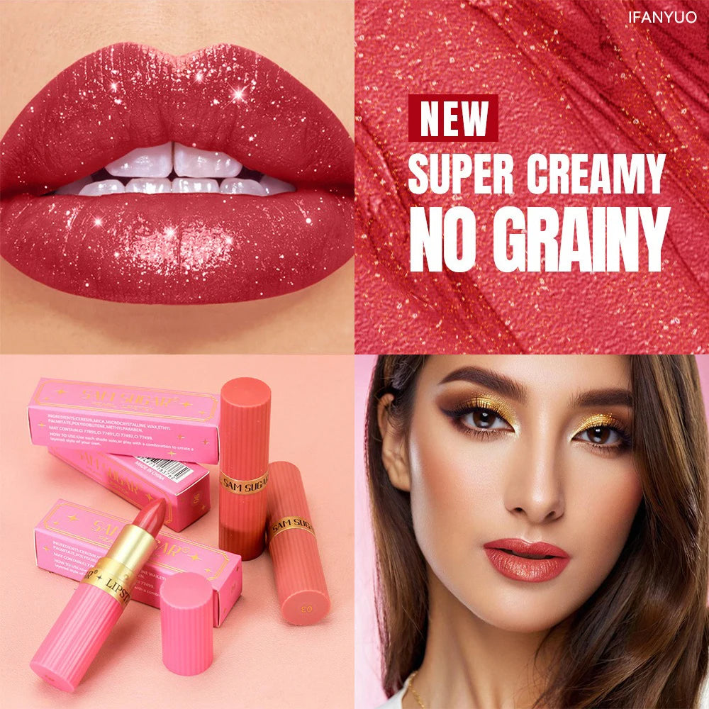 Diamond Shiny Velvet Matte Lipstick Glitter Shimmer Pearlescent Sexy Red Lip Tint Non-Stick Lip Stick High Pigment Lips Cosmetic