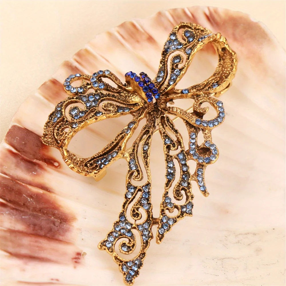 Baroque Bow Brooch Gold-Tone Finish — Blue Crystal Pavé | KIMLUD