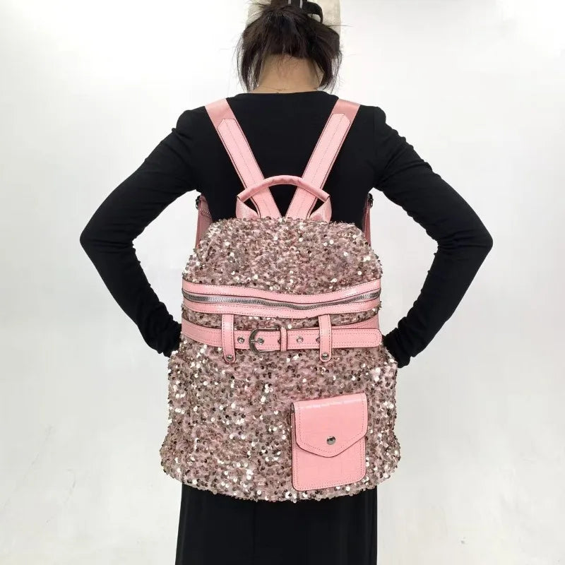 Backpack Shiny Sequin External Frame — Silver | KIMLUD