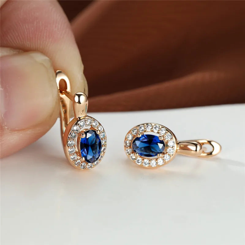 Rose Gold-Tone Stud Earrings Oval Zircon Halo — Sapphire Blue | KIMLUD
