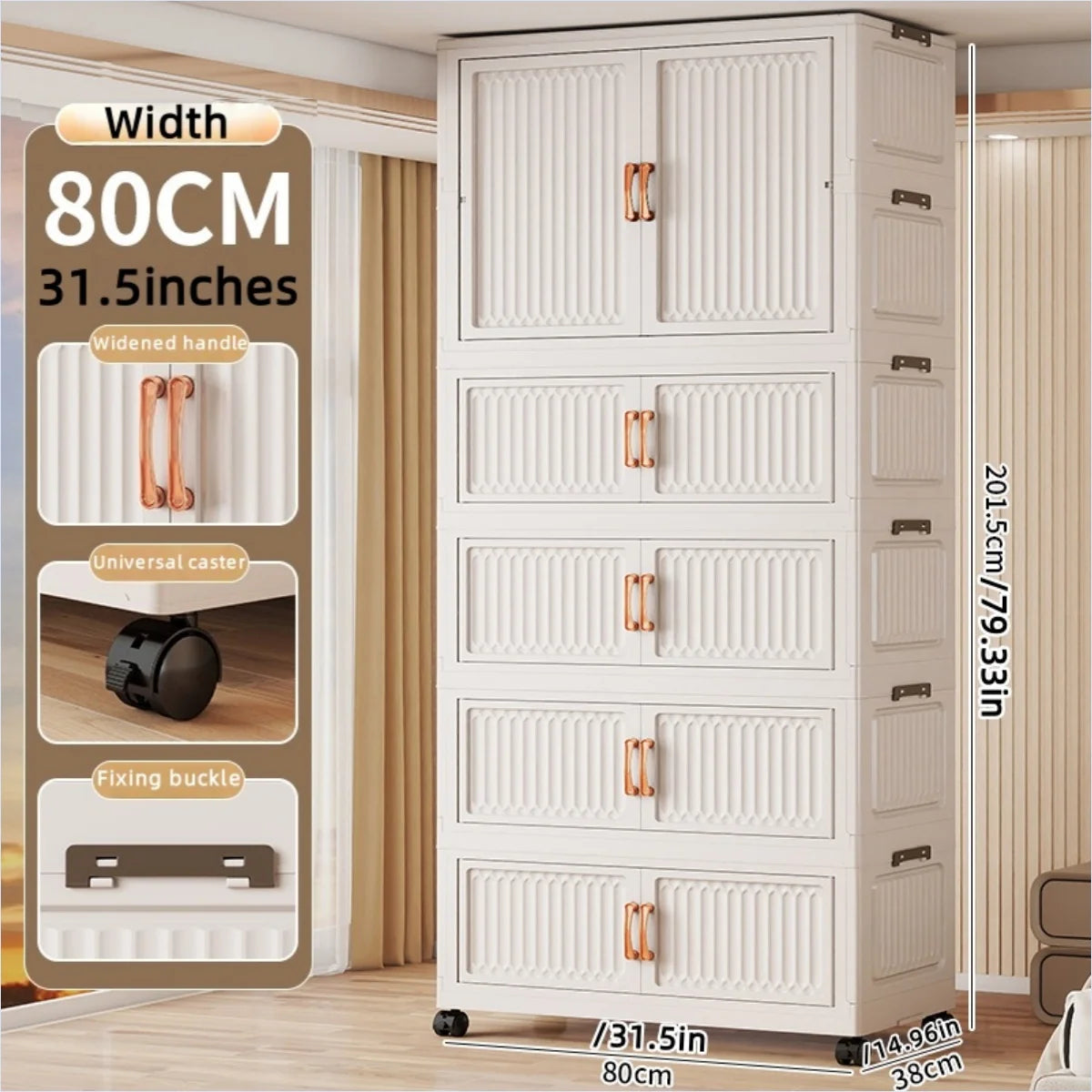 80cm no-installation folding storage cabinet, bedroom children's wardrobe, multi-layer storage box with wheels