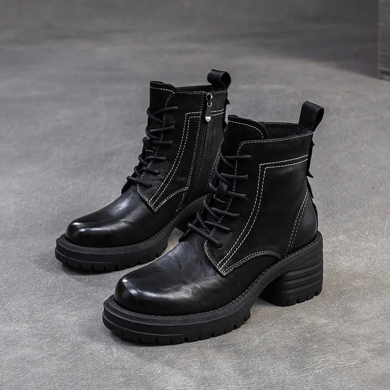 GKTINOO Spring Autumn Women Boots Genuine Leather Thick Heels Ankle Boots For Women Shoes Retro Handmade Cool Short Boots